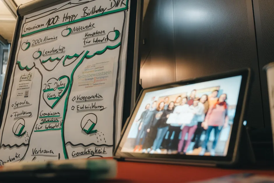 Blick auf das Plakat des "Kurs Z" (ehemals Zukunftspiloten - das Nachwuchsförderungsprogramm, das 25-jähriges Jubiläum feiert und deshalb mit "zusammen 100" wirbt